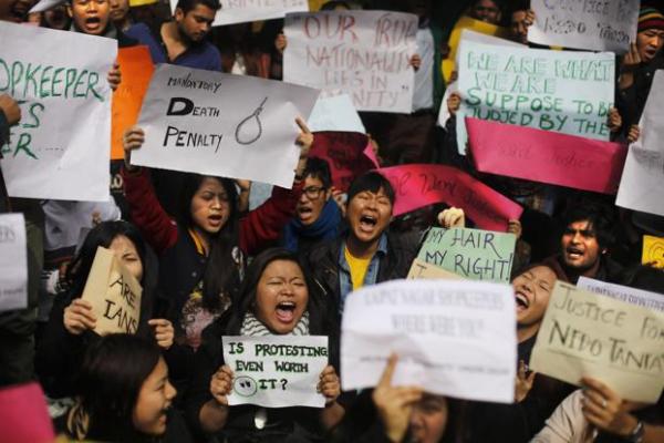 Students from the northeastern states protest the death of 20-year-old Nido Tania, demanding justice against racial discrimination on Delhi. Photo: Mint